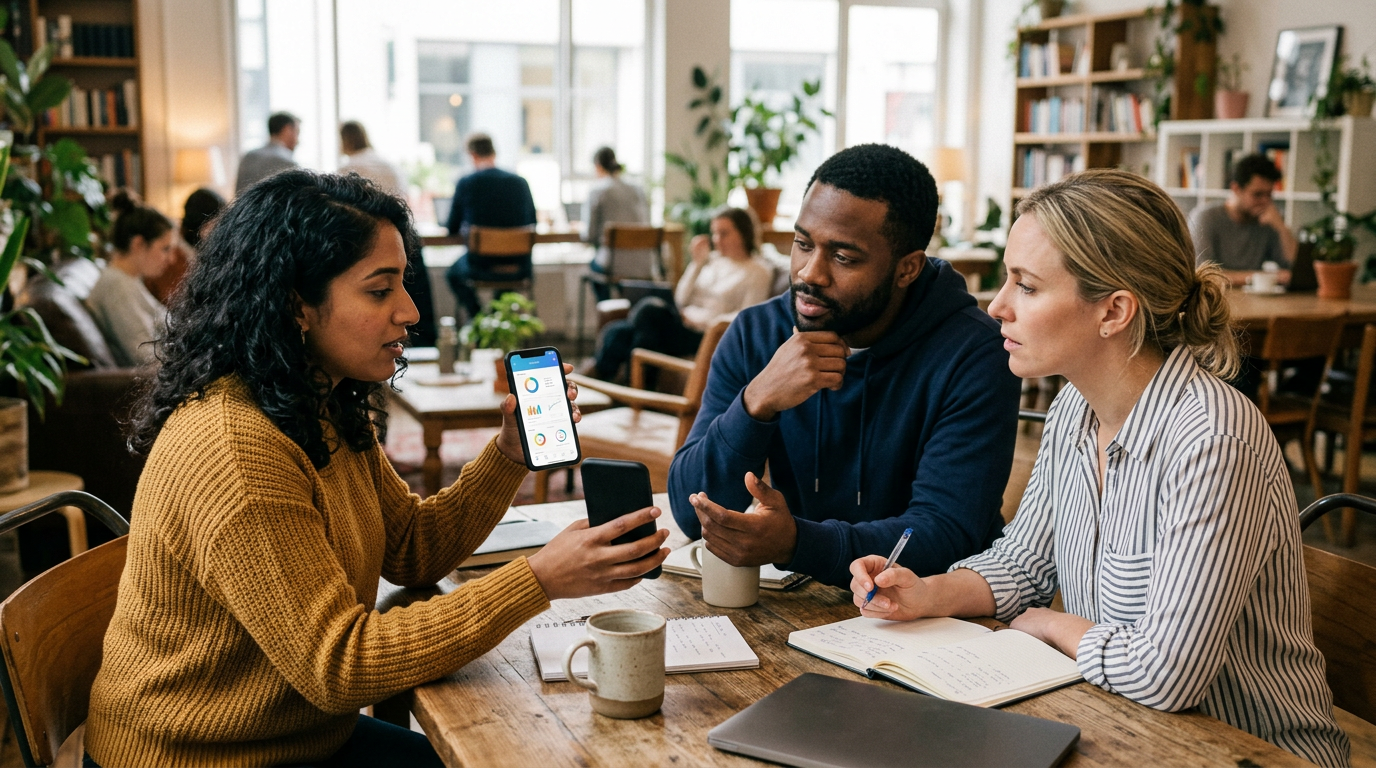 Documentary-style छवि जिसमें तीन वयस्क एक आरामदायक coworking lounge में app expe...