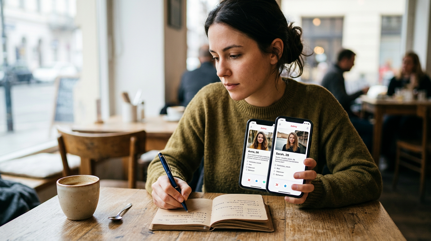 Valósághű közeli jelenet egy asztalnál ülő emberről, aki okostelefonon társkeres...