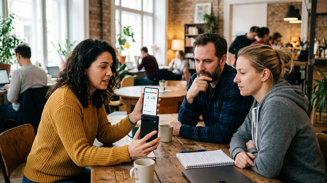 Dokumentarista stílusú kép három felnőttről, akik egy laza coworking lounge-ban ...