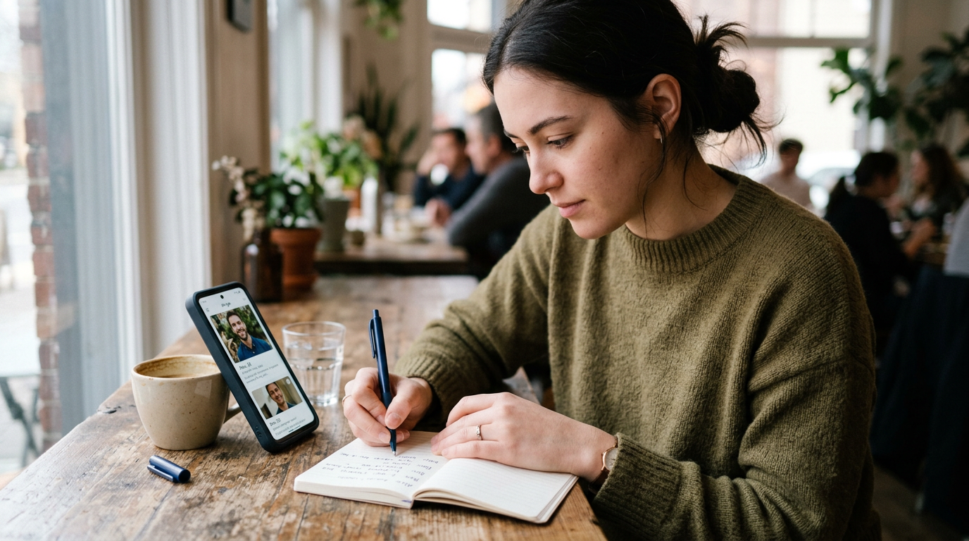 테이블에 앉아 스마트폰으로 데이팅 앱 프로필 스타일을 비교하면서 작은 노트에 메모하는 사람의 현실적인 클로즈업 장면. 브랜드보다 신중한 의사결정...