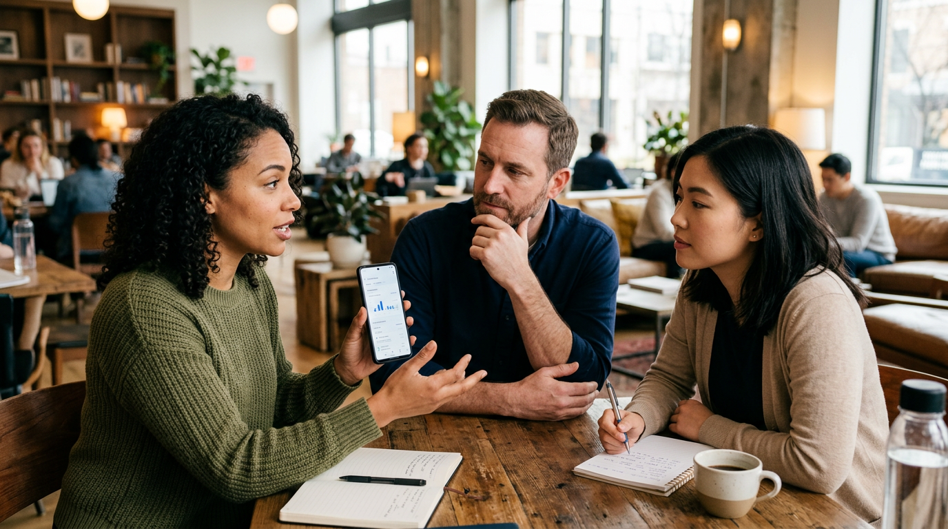 편안한 코워킹 라운지에서 세 명의 성인이 앱 사용 경험을 이야기하는 다큐멘터리 스타일 이미지. 한 사람이 휴대폰을 들고 있고 다른 사람들은 생각...