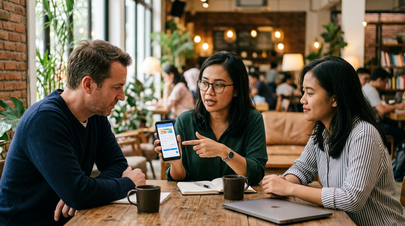 Gambar bergaya dokumenter tentang tiga orang dewasa yang mendiskusikan pengalama...