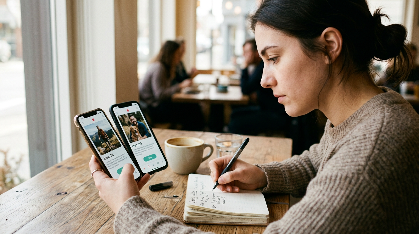 Adegan close-up realistis seseorang duduk di meja sambil membandingkan gaya prof...