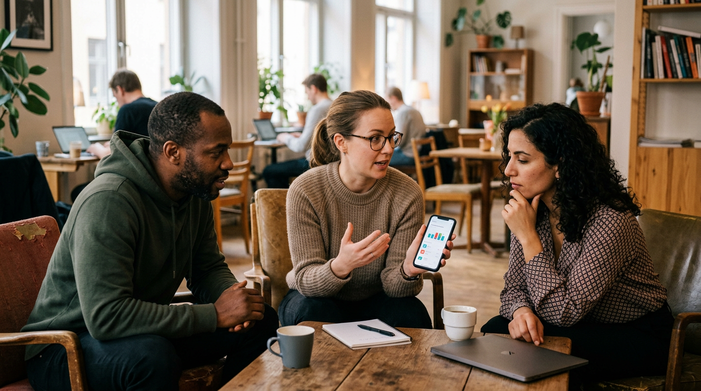 Dokumentärlik bild av tre vuxna som diskuterar appupplevelser i en avslappnad co...