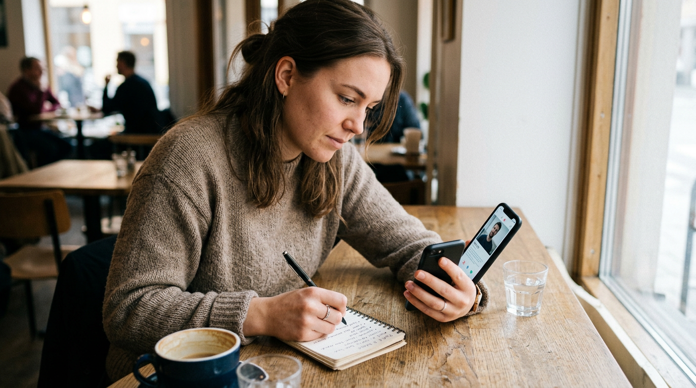 Realistisk närbild av en person som sitter vid ett bord och jämför olika profilf...