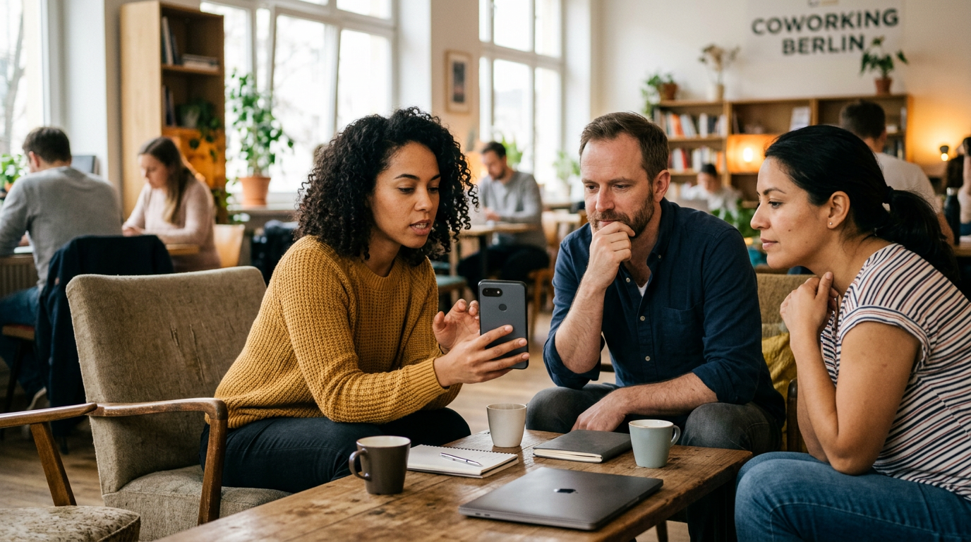 Dokumentarisches Bild von drei Erwachsenen, die in einer entspannten Coworking-L...