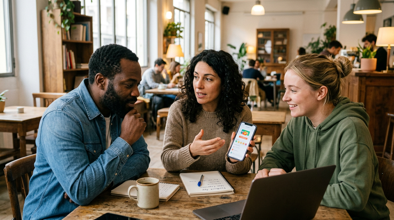 Immagine in stile documentario di tre adulti che discutono delle loro esperienze...
