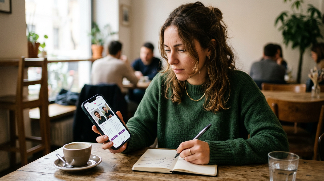 Primo piano realistico di una persona seduta a un tavolo mentre confronta sullo ...