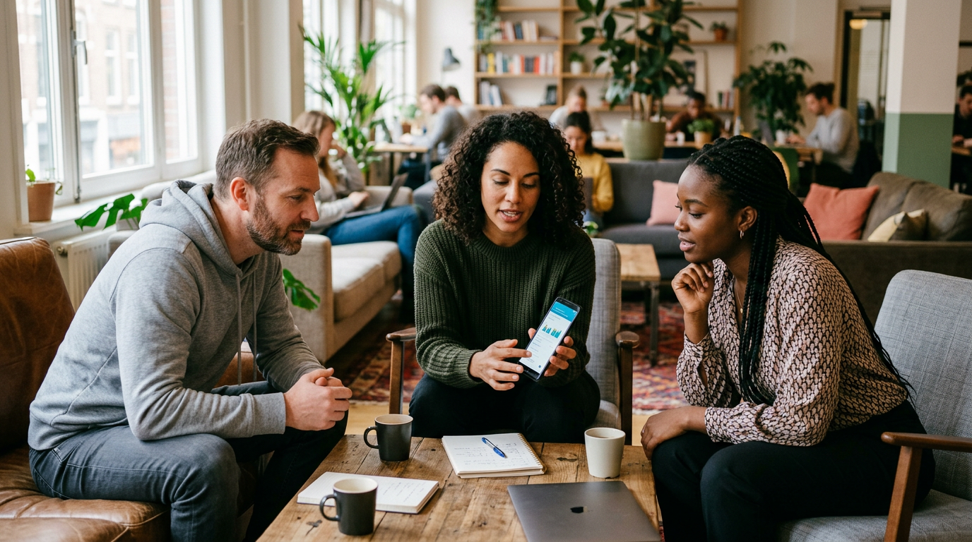 Documentaireachtige afbeelding van drie volwassenen die app-ervaringen bespreken...