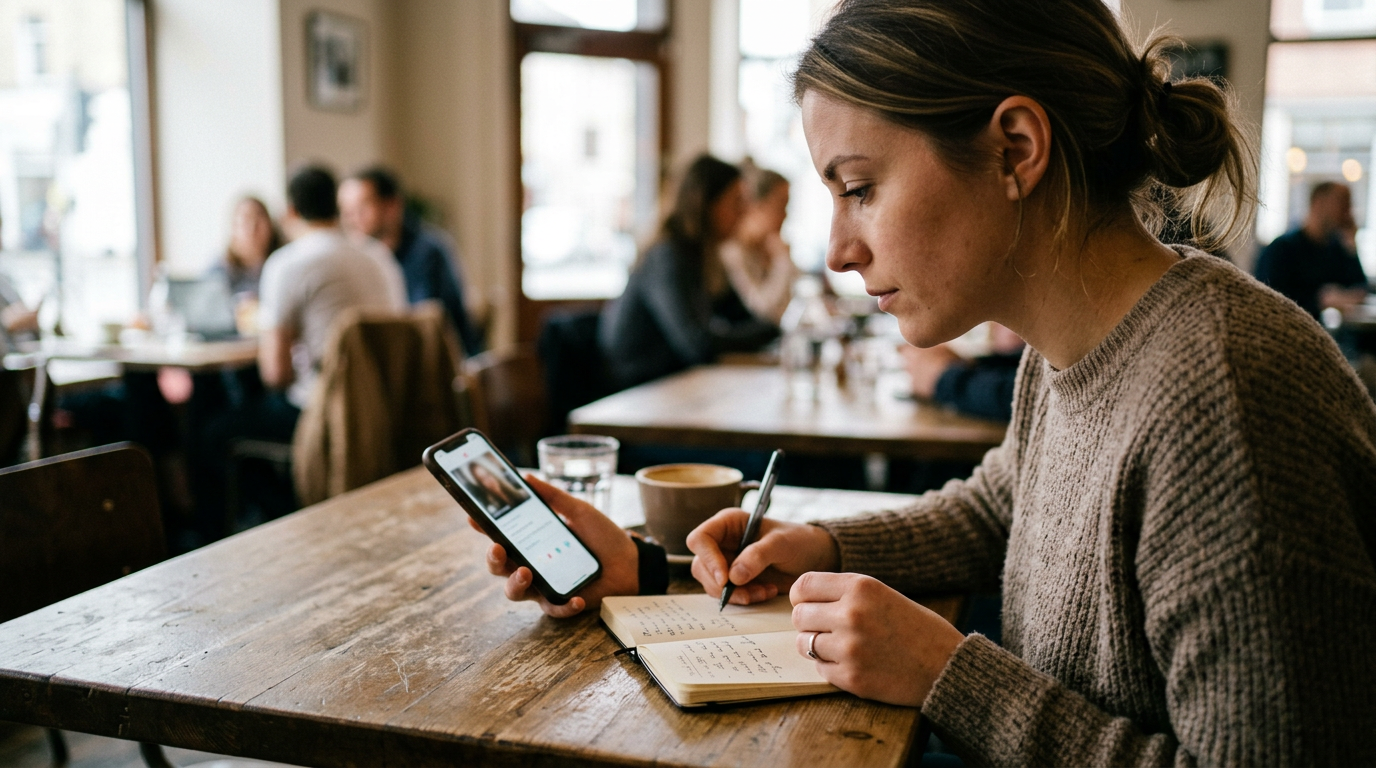 Realistische close-up van een persoon die aan een tafel zit en profielstijlen va...
