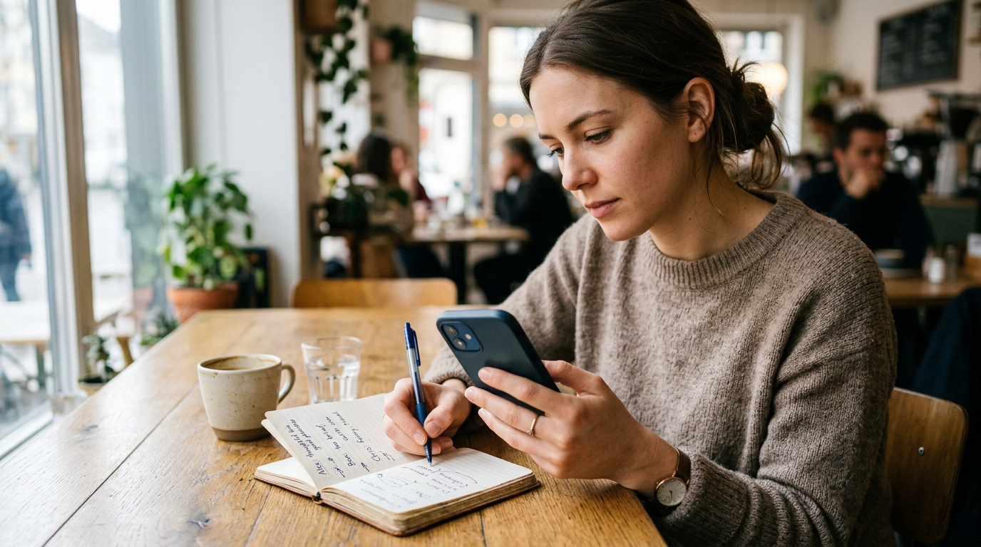 Scène réaliste en gros plan d’une personne assise à une table comparant différen...