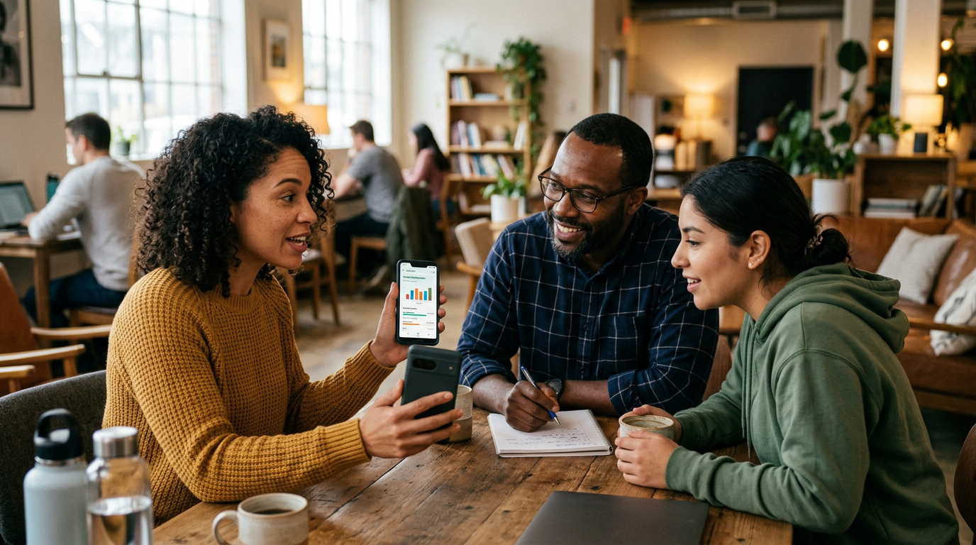 Image de style documentaire montrant trois adultes échangeant sur leurs expérien...