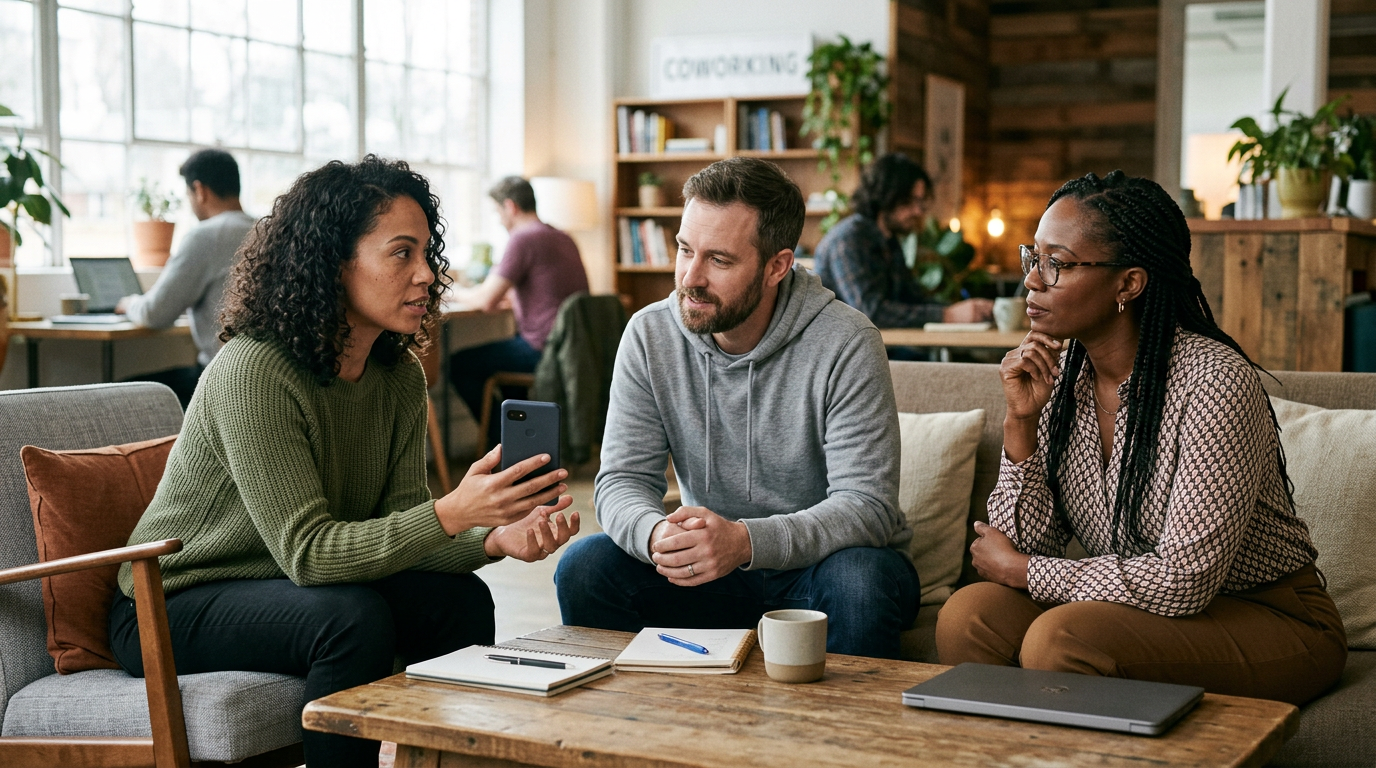 Изображение в документальном стиле: трое взрослых обсуждают опыт использования п...