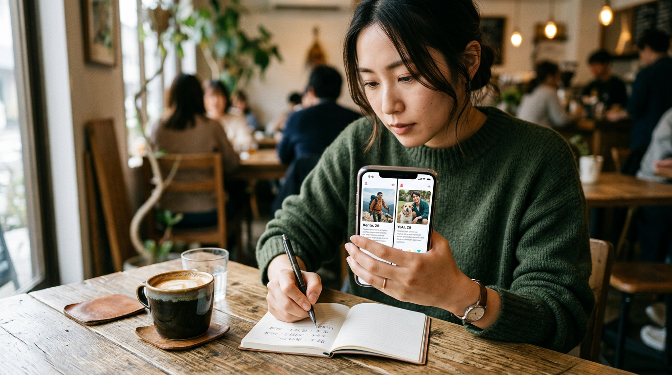 テーブルに座った人物がスマートフォンで複数のマッチングアプリのプロフィール表示を比較しながら、小さなノートにメモを取っているリアルなクローズアップ。ブランド訴求...