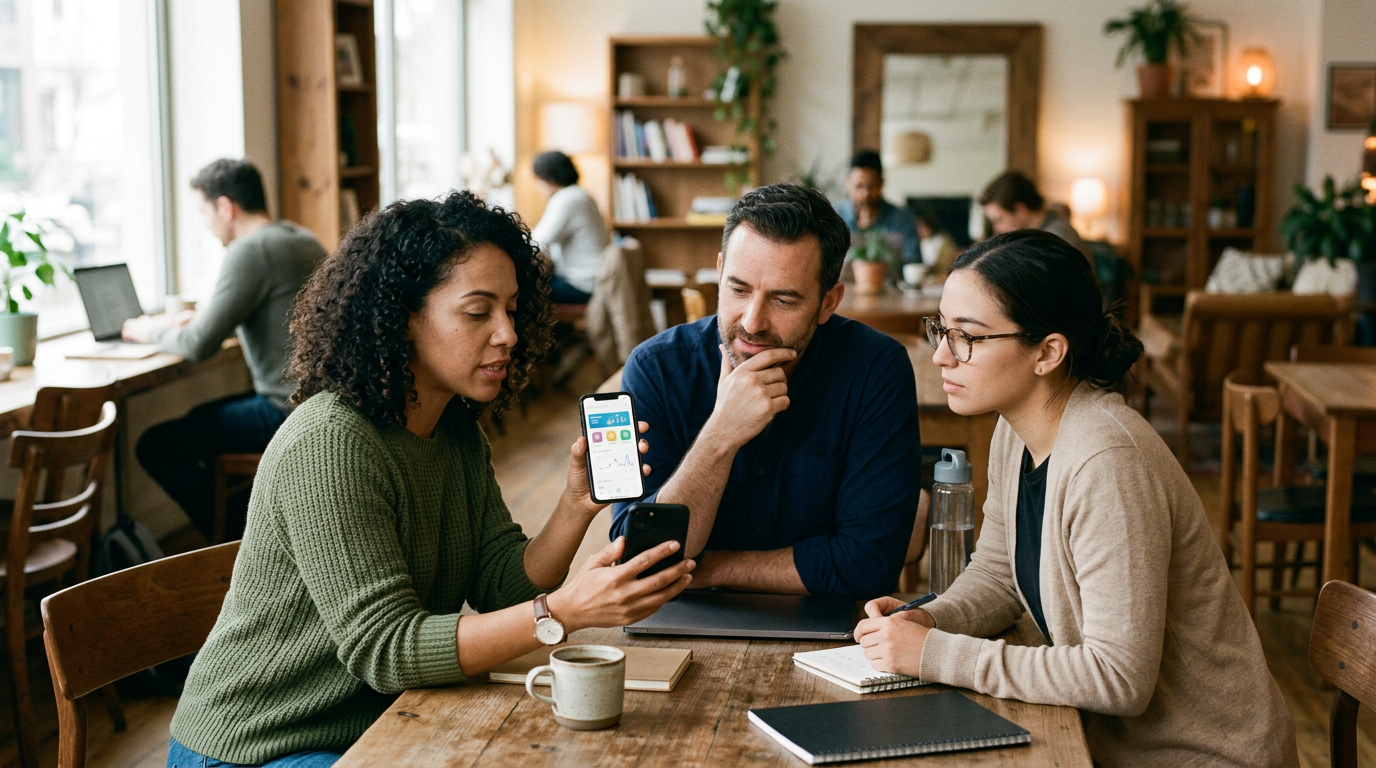 リラックスしたコワーキングラウンジで、3人の大人がアプリ体験について話し合っているドキュメンタリー風の画像。1人がスマートフォンを持ち、他の2人が考え深く反応し...