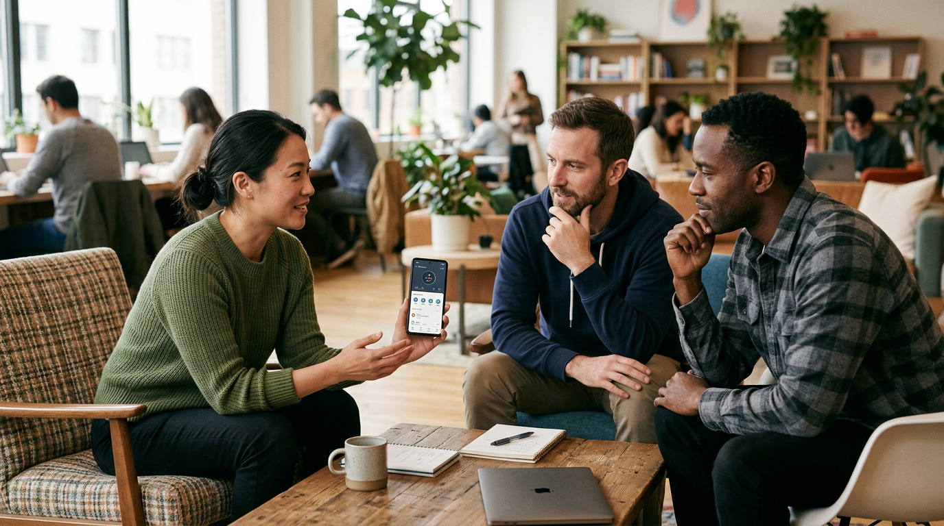 纪实风格画面：三位成年人在轻松的共享办公休息区讨论应用使用体验，其中一人拿着手机，另外两人若有所思地回应，重点表现用户反馈与产品学习，真实自然的人脸，柔和环境光...