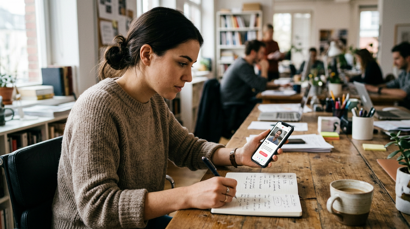 真实近景画面：一位用户坐在桌前，一边用智能手机对比不同约会应用的个人资料展示方式，一边在小笔记本上记录想法，重点体现认真做决定的过程而非品牌元素，自然日光，浅景...
