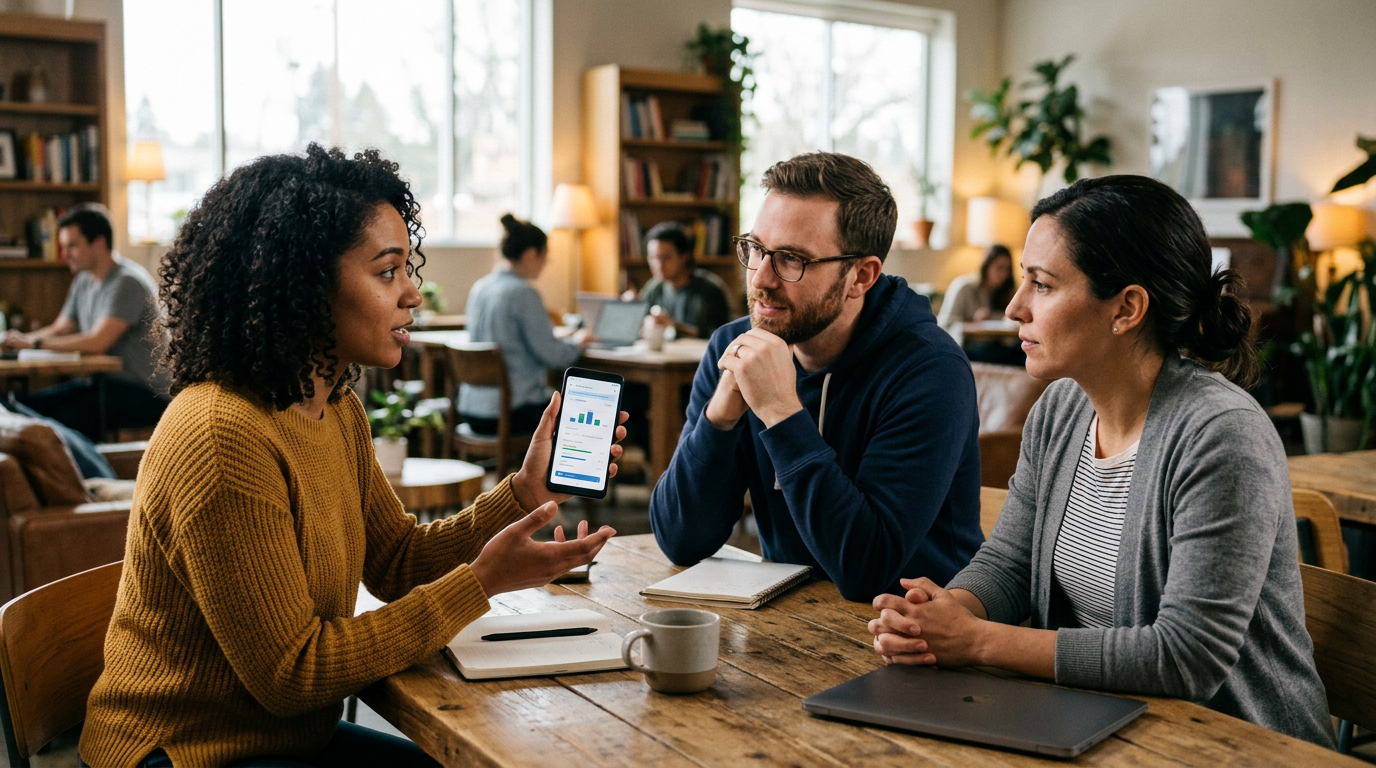 Rahat bir ortak çalışma lounge alanında uygulama deneyimlerini konuşan üç yetişk...