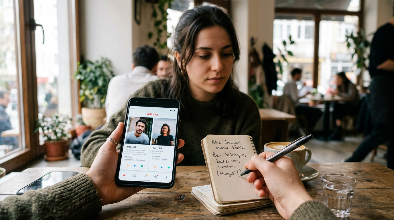 Bir masada otururken akıllı telefonunda flört uygulaması profil tarzlarını karşı...