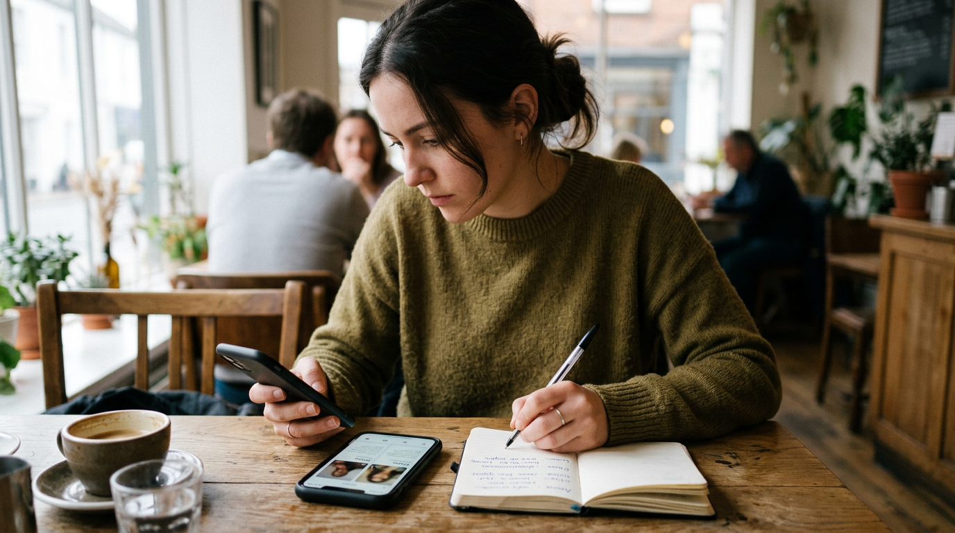 Realistyczne zbliżenie osoby siedzącej przy stole i porównującej style profili w...