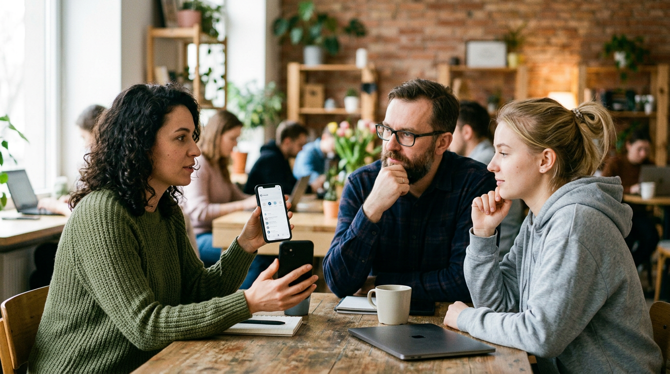 Zdjęcie w stylu dokumentalnym przedstawiające troje dorosłych rozmawiających o d...