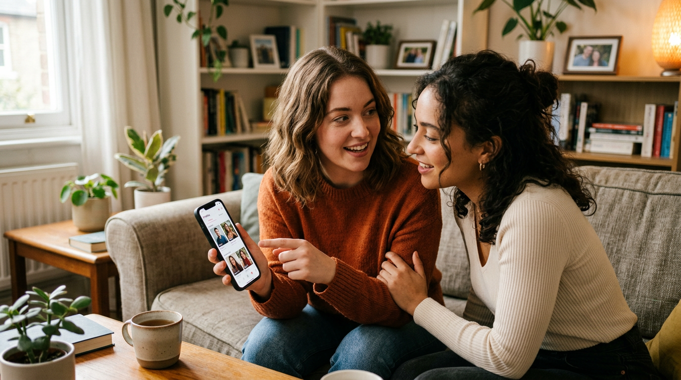 A realistic scene of two friends discussing online dating and social discovery o...