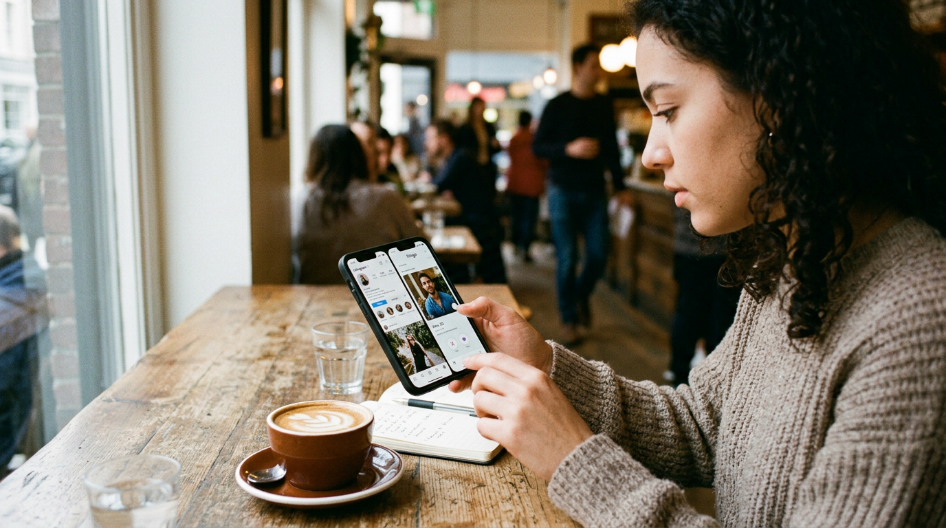 A realistic close-up of a person sitting in a cafe comparing social and dating a...