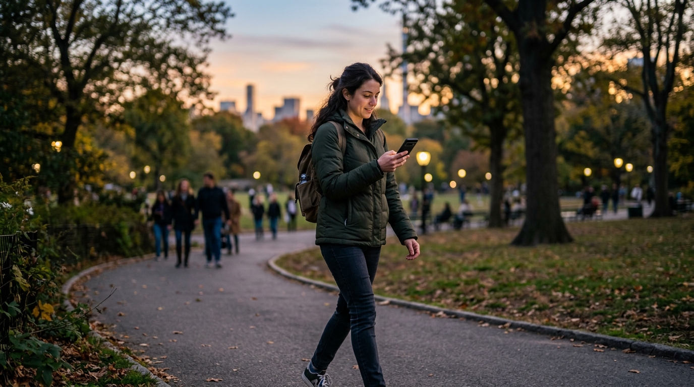 A realistic image of an adult walking outdoors in a city park at dusk while chec...