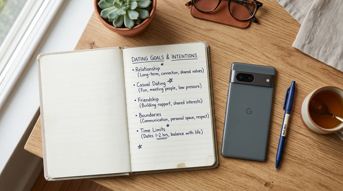 A realistic overhead desk scene with handwritten notes listing dating goals like...