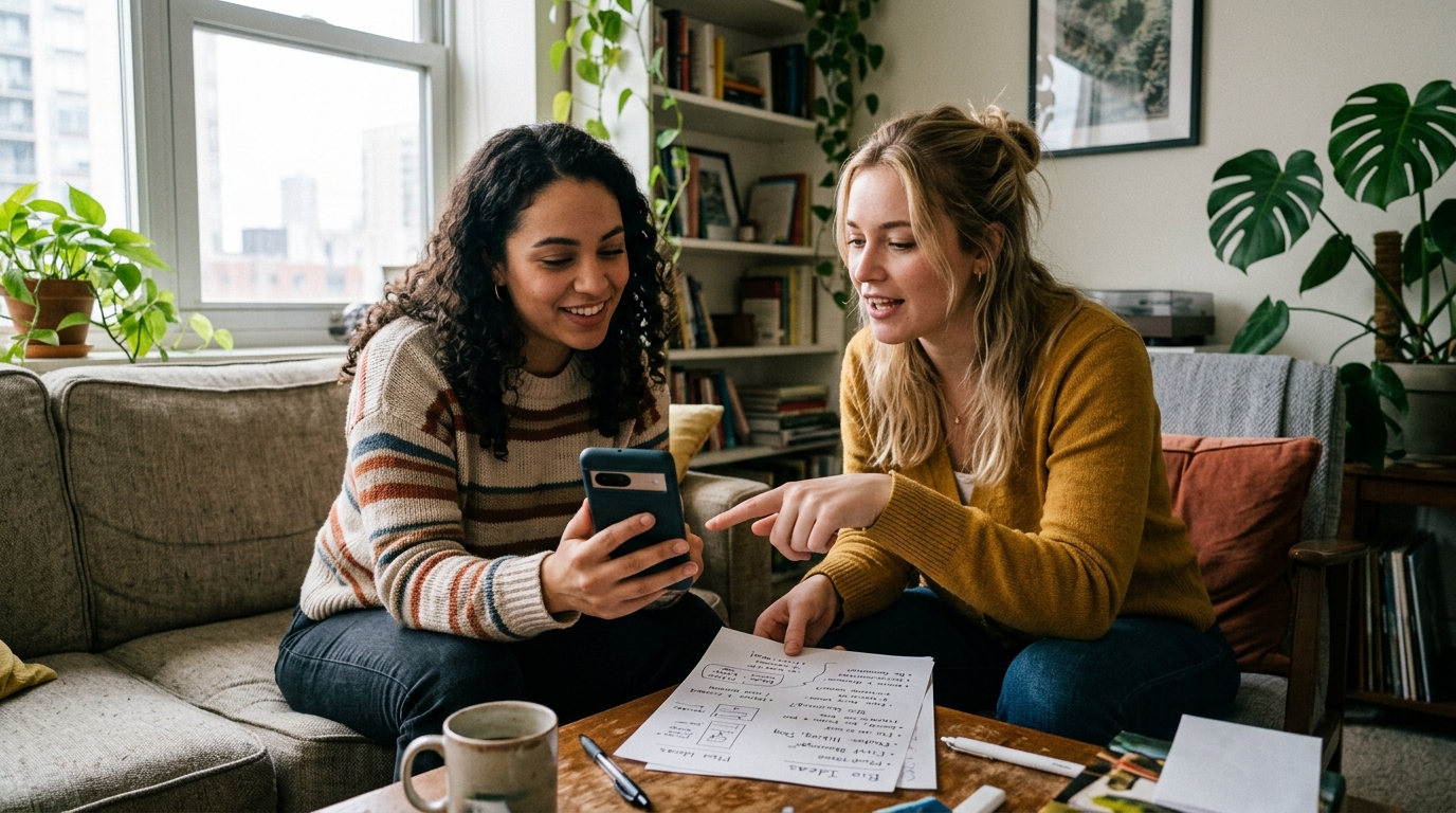 A candid indoor scene of two friends discussing online dating choices while reviewing apps on a phone