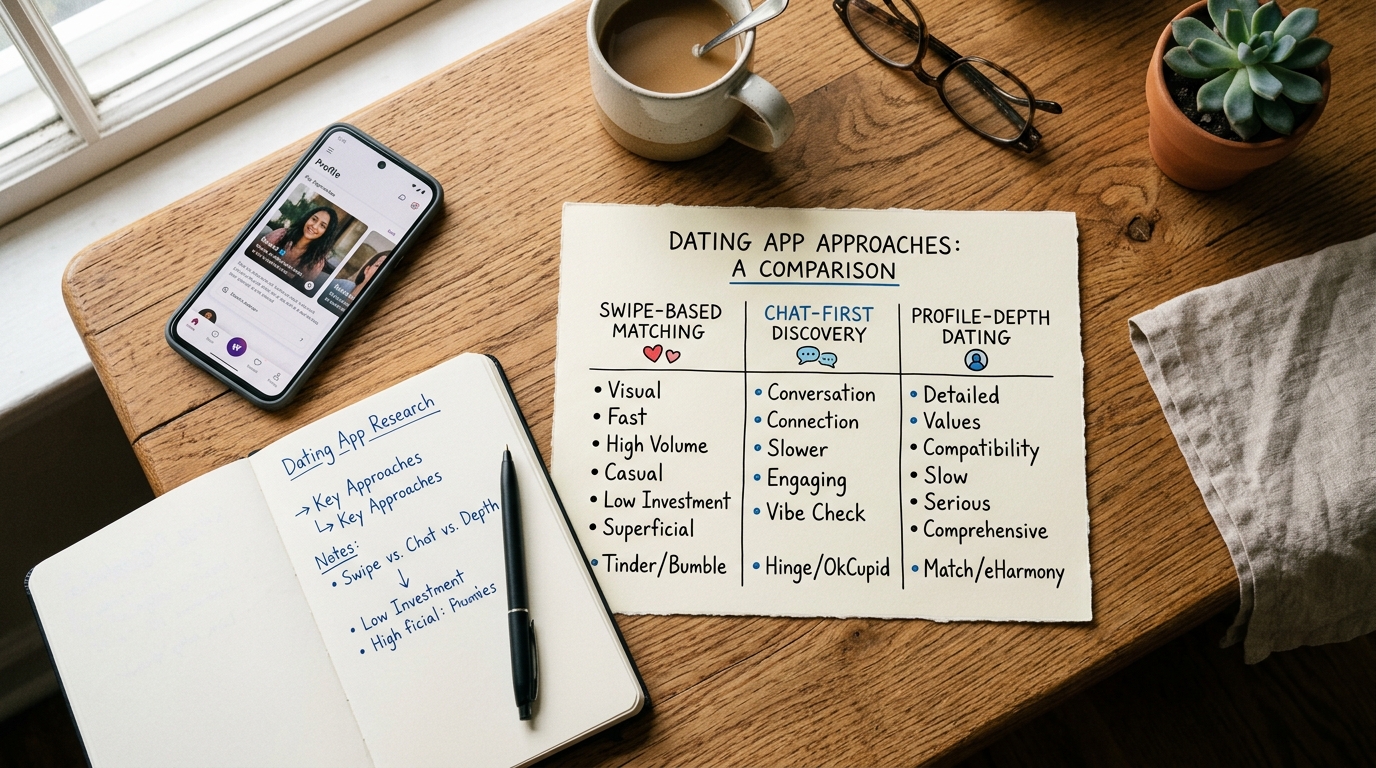 A realistic overhead desk scene showing a smartphone, handwritten notes, and a social app planning setup