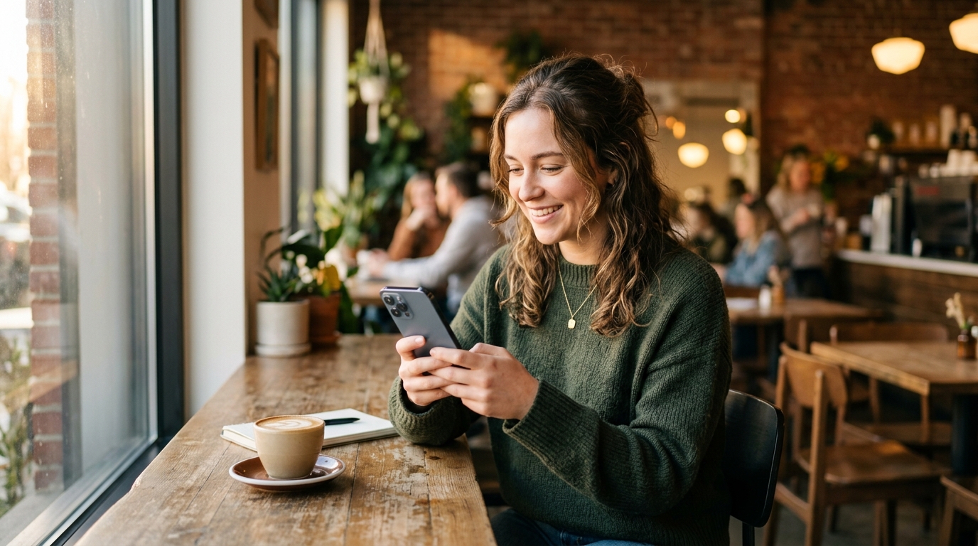A person sitting comfortably in a well-lit modern cafe, holding a sleek smartphone