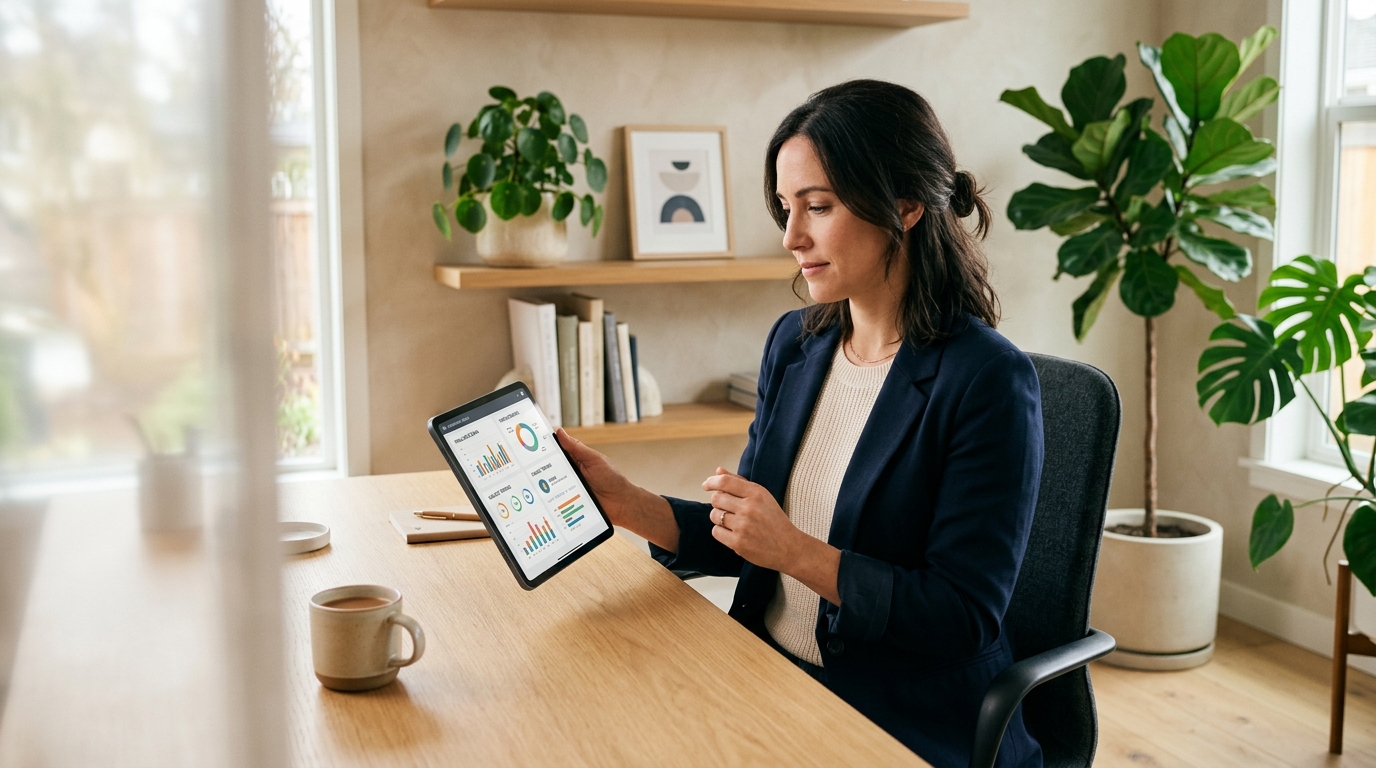 A professional digital wellness consultant sitting in a softly lit, modern offic...