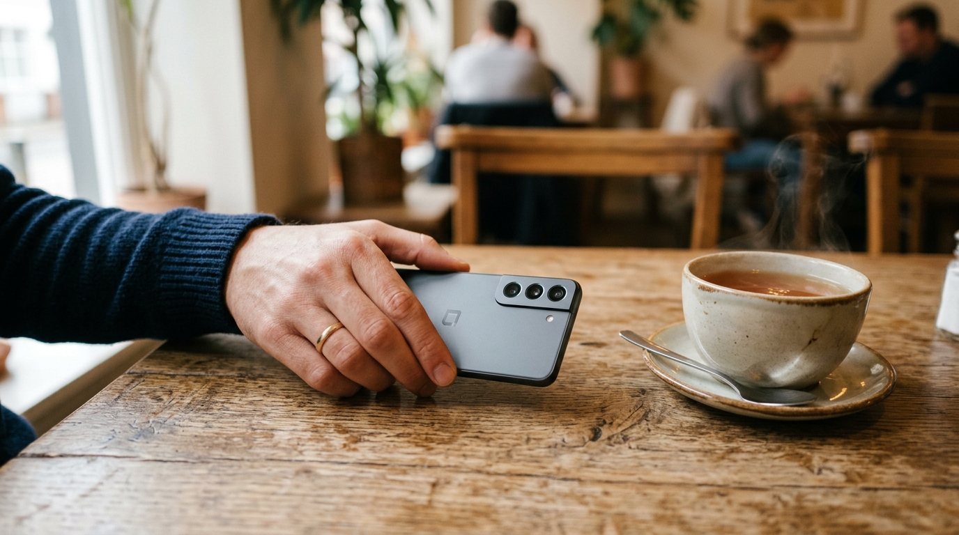 A close-up of a person's hand gently placing a modern smartphone face-down on a ...