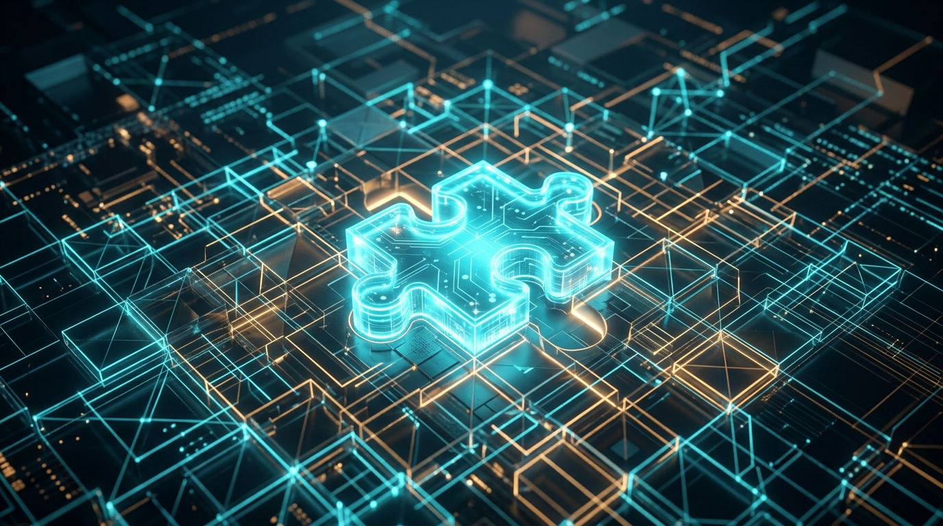 Ein konzeptionelles 3D-Rendering eines leuchtenden, durchscheinenden Puzzleteils, das perfekt in ein komplexes Gitter passt.