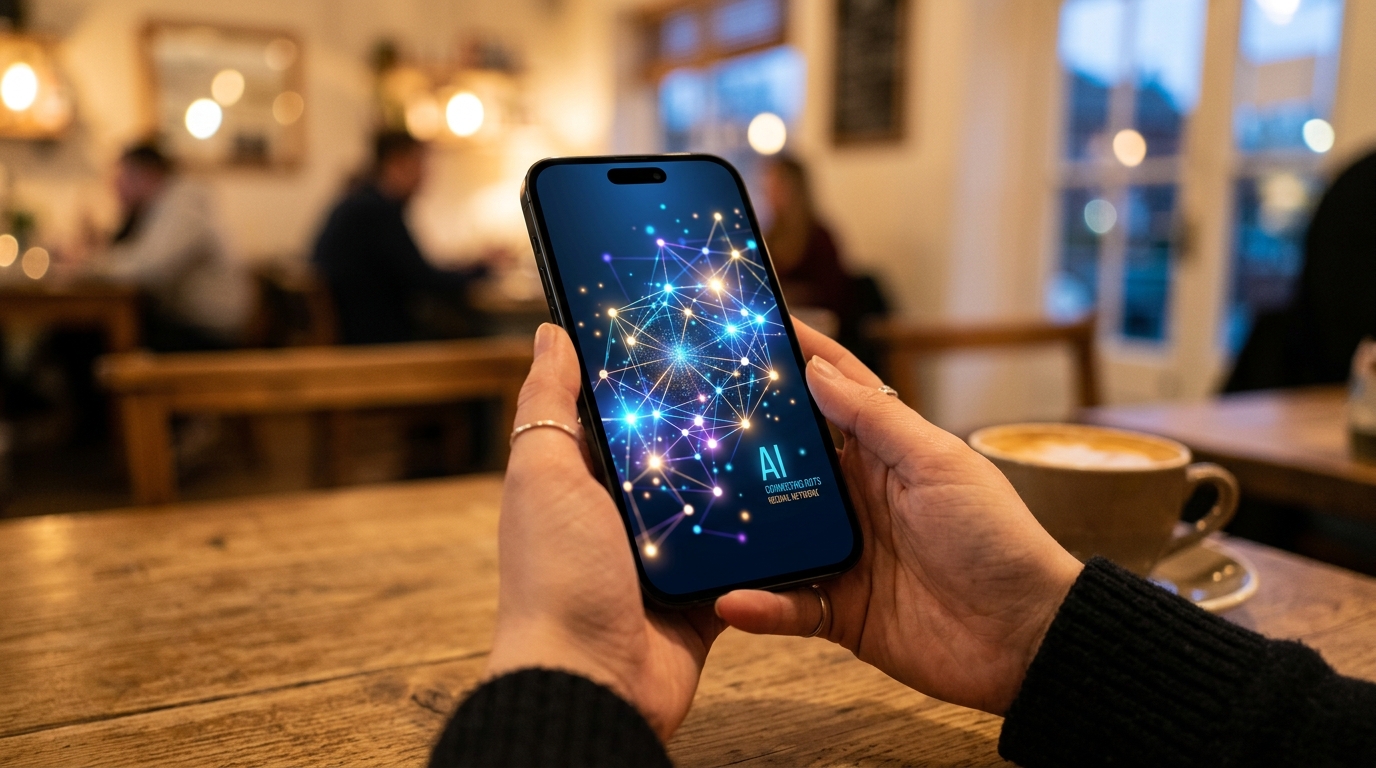 Nahaufnahme der Hände einer Person, die ein elegantes Smartphone in einem gemütlichen, sanft beleuchteten Café hält.