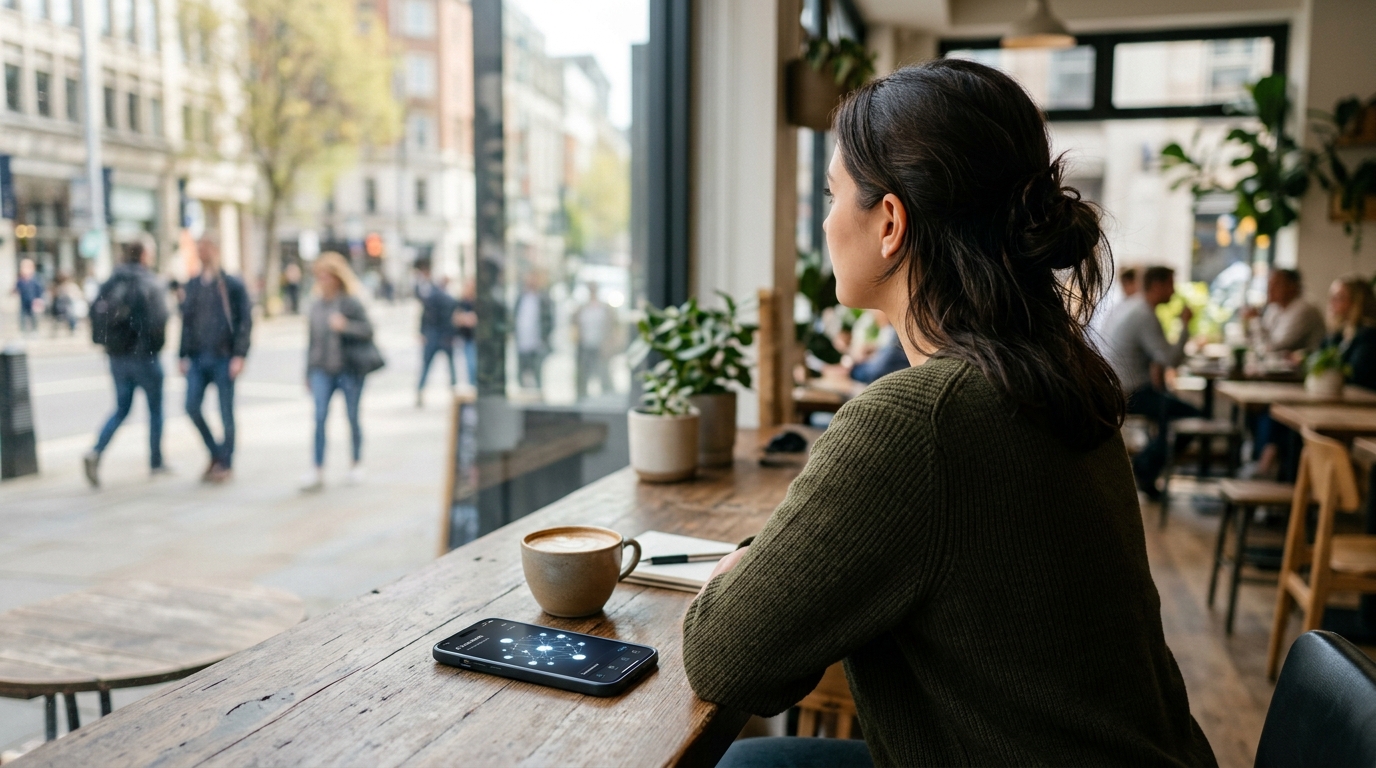Un cliché spontané par-dessus l'épaule d'un jeune professionnel assis dans un café moderne et lumineux...