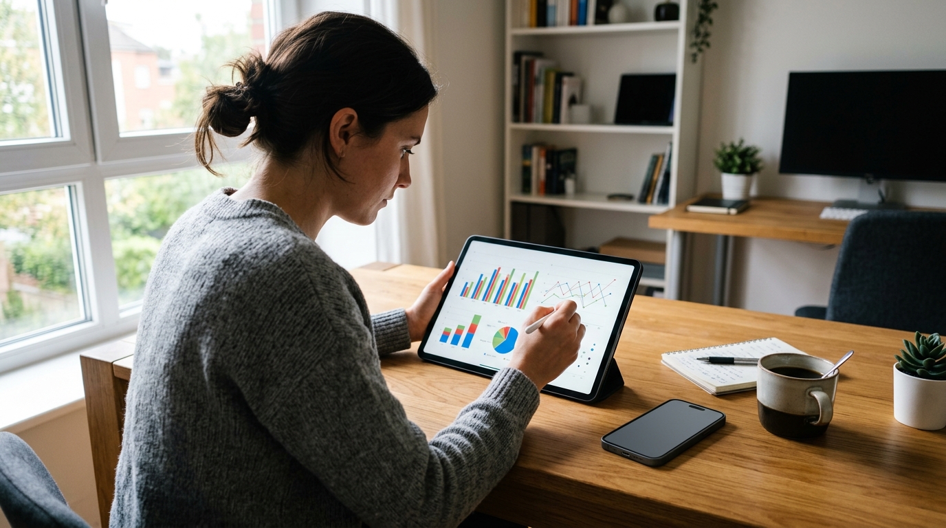 סביבת עבודה מודרנית ומוארת המציגה אדם מנתח גרפים של נתונים על טאבלט.