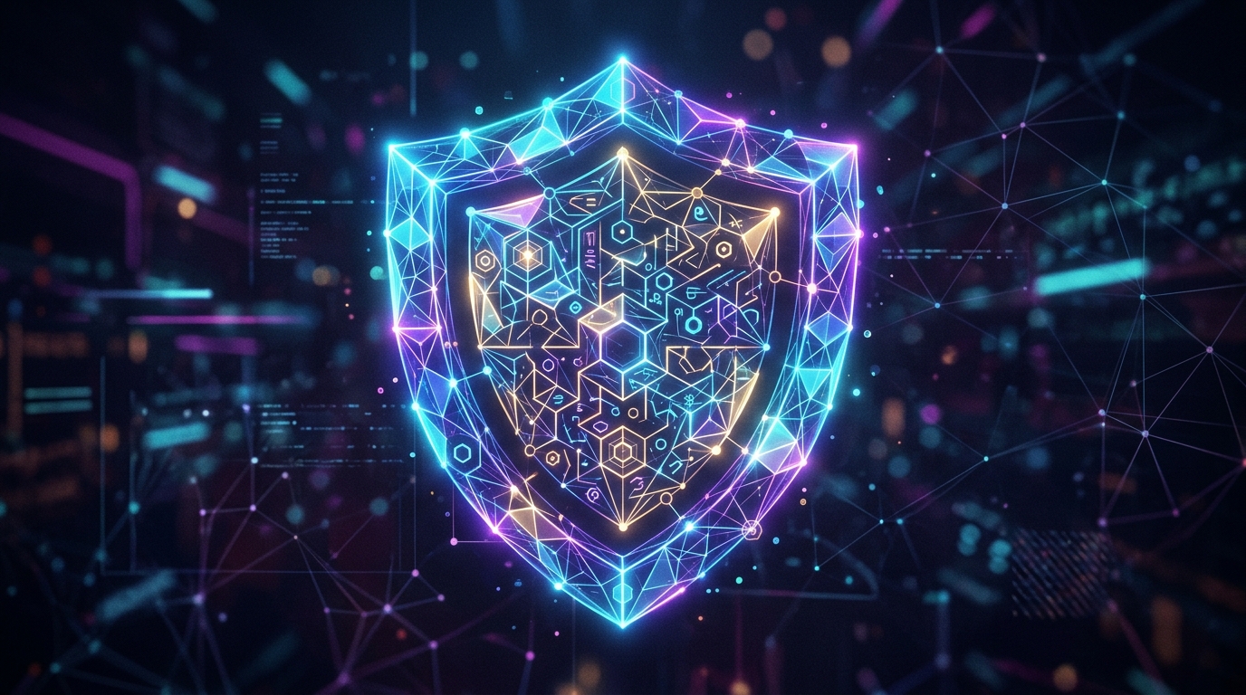 ייצוג אמנותי של פרטיות דיגיטלית והתאמה מבוססת כוונה. צמתים מחוברים וזוהרים.