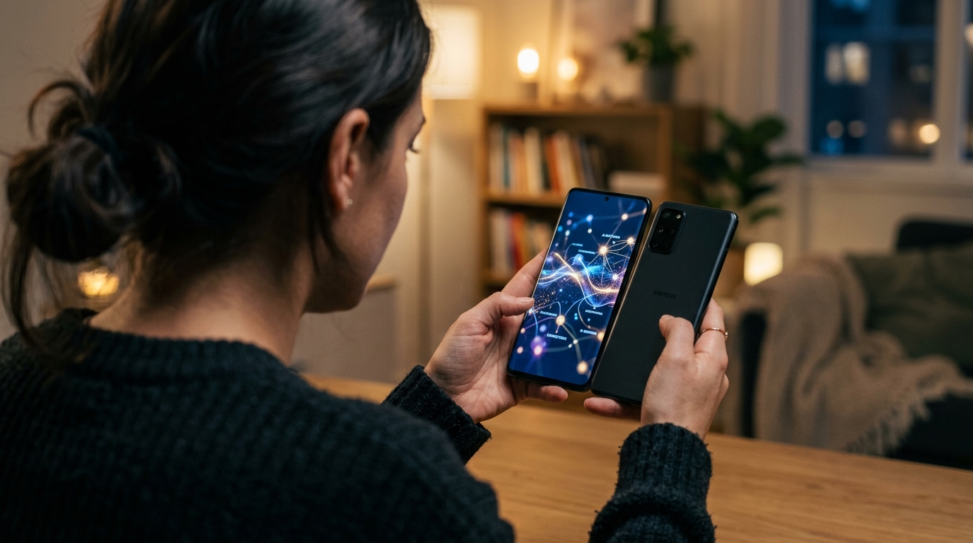 A close-up over-the-shoulder shot of a person holding a modern smartphone, displaying a specialized dating app interface.