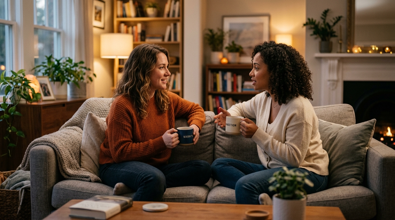 Two friends sitting on a comfortable living room sofa, engaged in a deep, meaningful conversation.