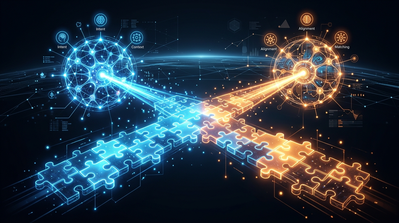 Eine konzeptionelle Illustration, die zwei leuchtende neuronale Netzwerkknoten zeigt, die sich über einen stilvollen Raum hinweg verbinden.