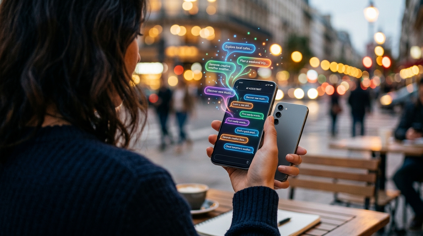 Ein Blick über die Schulter einer Person, die ein elegantes Smartphone hält. Auf dem Bildschirm bilden sich organisch abstrakte Textblasen.