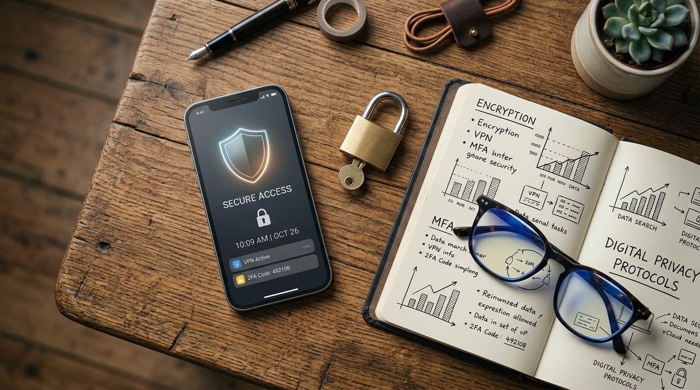 Elements of digital privacy and security on a desk