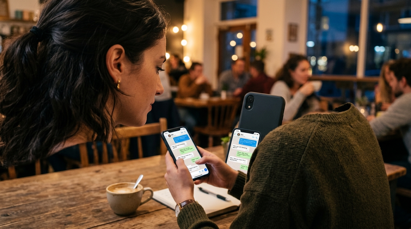 Nærbillede over skulderen af en person, der sidder på en hyggelig café og ser eftertænksomt på sin smartphone.