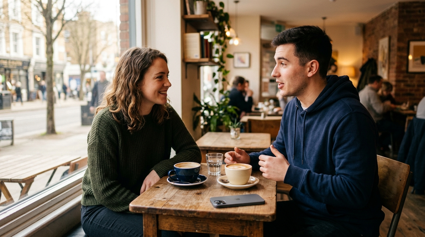 To unge voksne i dyb samtale ved et cafébord, badet i blødt naturligt lys.