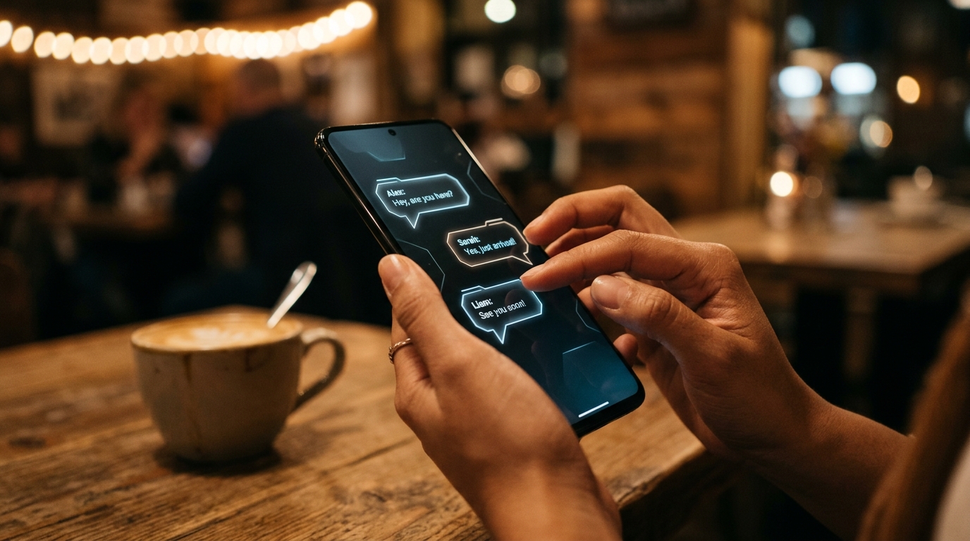 Primo piano delle mani di una persona che impugna uno smartphone moderno in un ambiente soffuso.
