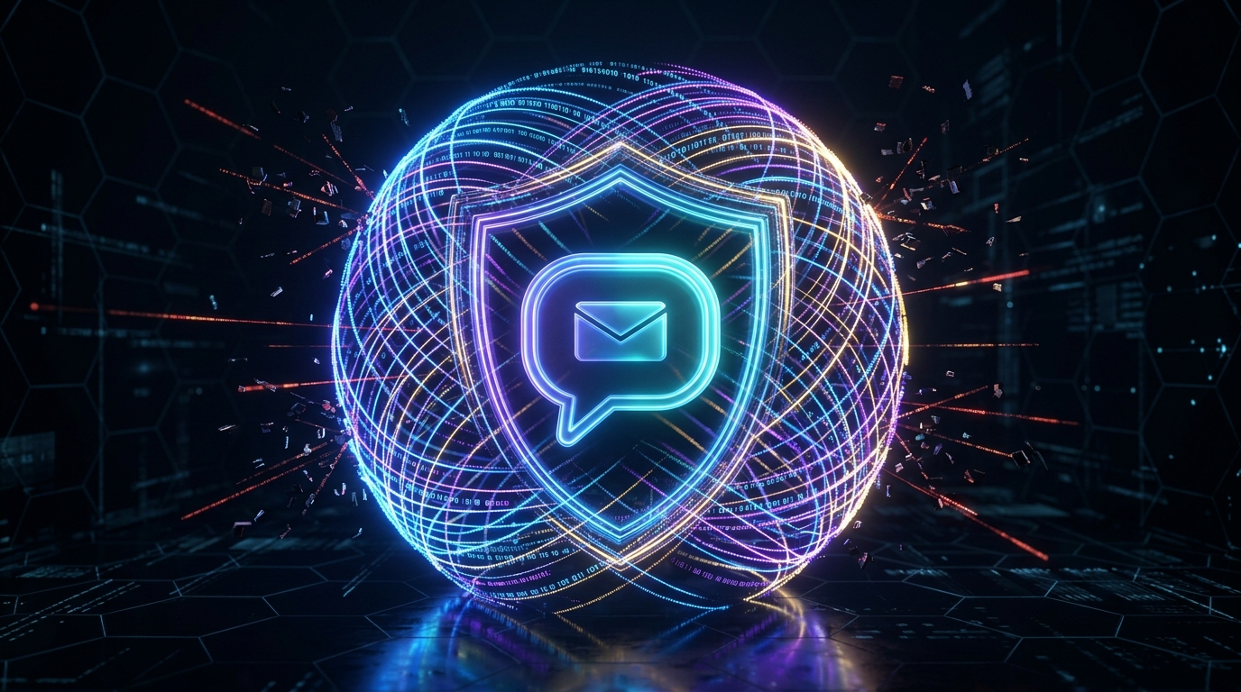 Una visualizzazione 3D astratta della privacy digitale e della sicurezza dei dati. Neon luminosi...