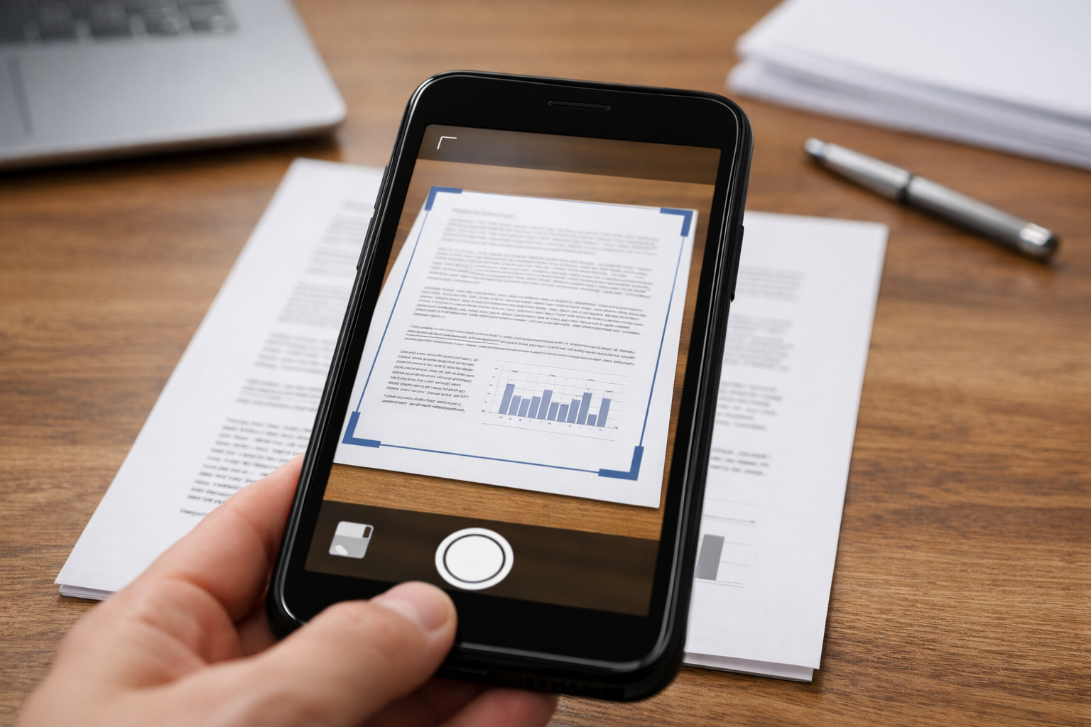 Close-up of a smartphone camera scanning a printed document on a desk, with visi...