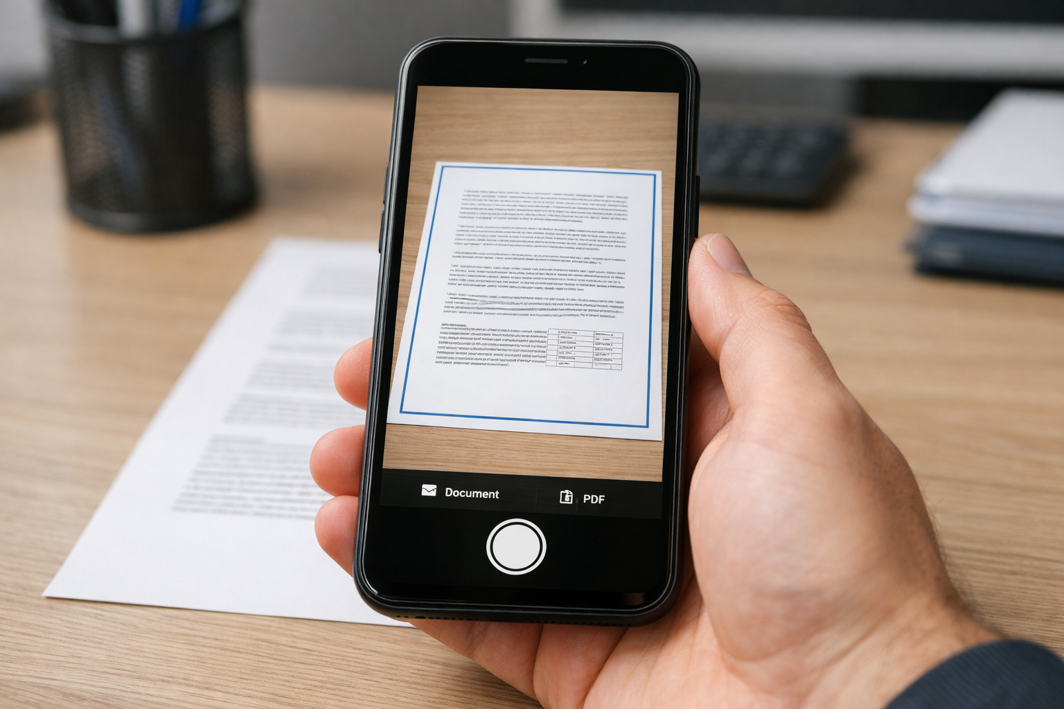 डेस्क पर रखे प्रिंटेड दस्तावेज़ को स्कैन करते हुए स्मार्टफोन कैमरे का क्लोज़-अप,...